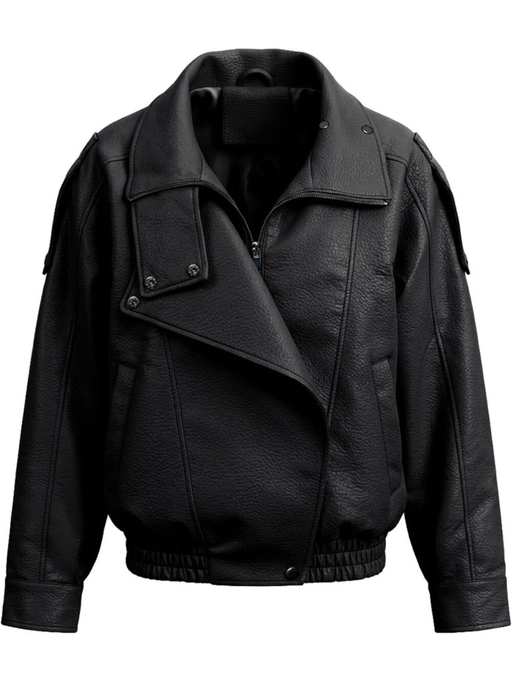 Women's Black Faux Leather Bomber Jacket Pebble Grain Texture Relaxed Oversized